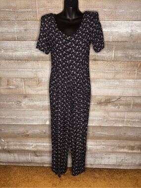 All That Jazz vintage 90s blue Floral Short-Sleeve wide leg Jumpsuit